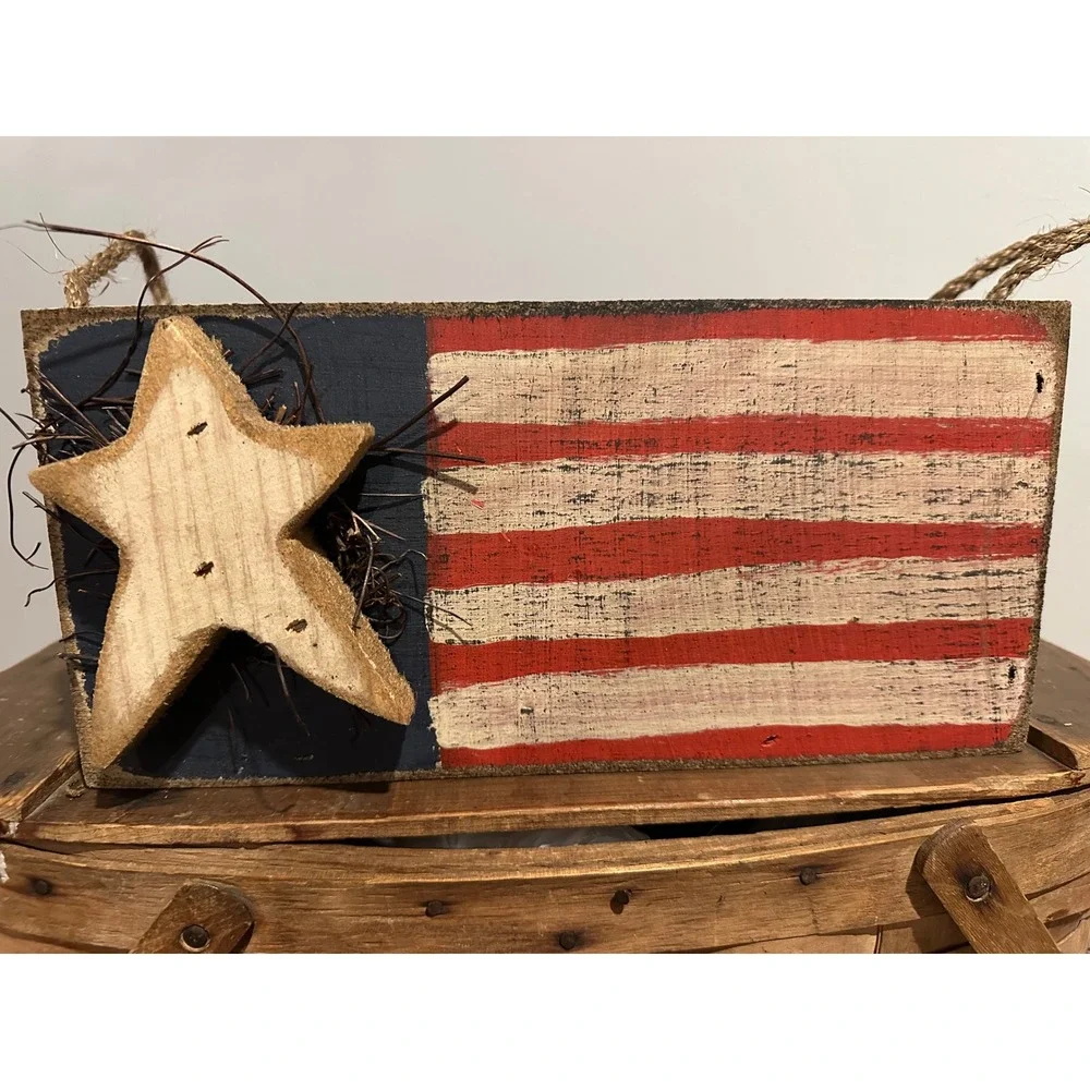 Rustic Wooden American Flag Crate Decorative Box Jute Rope Handles Americana